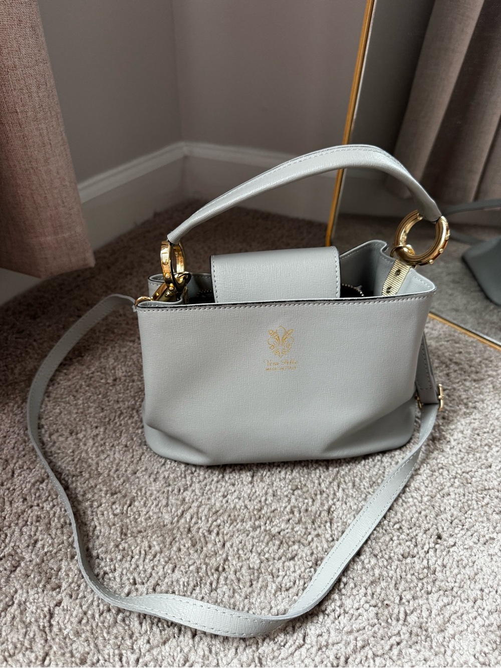 Gray Leather Crossbody Tote with Gold Hardware